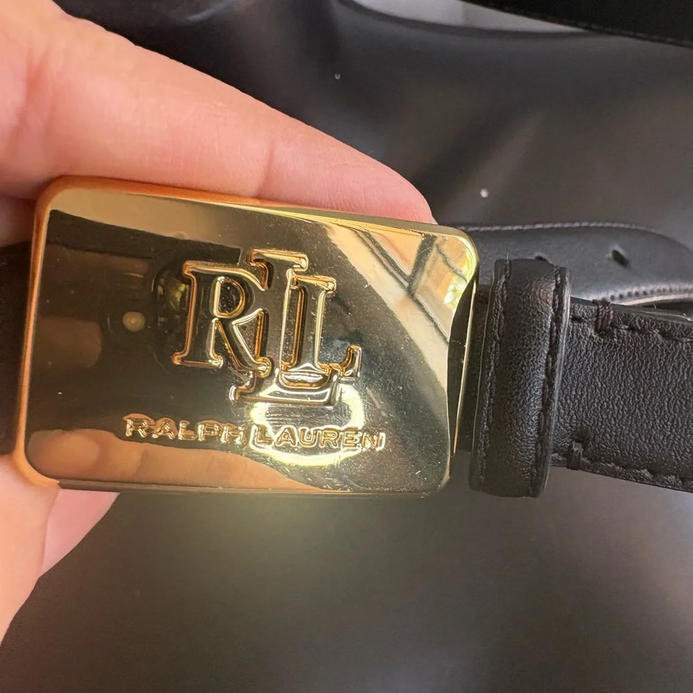 Lauren Ralph Lauren Black Leather Belt with Gold RL Plaque sz L 45” x 1/2” NWOT